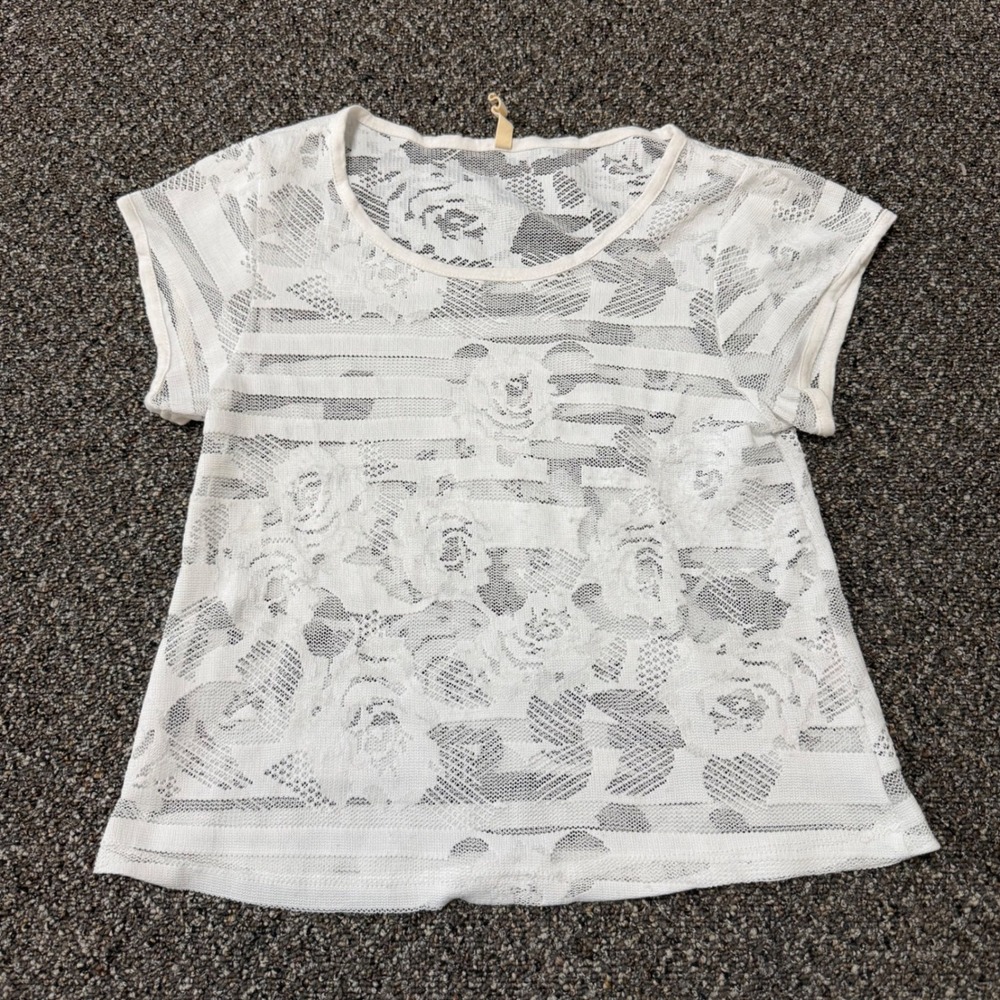 Lovemarks Lace Top Womens Small White Floral Rose Sheer stripe Boho Short Sleeve